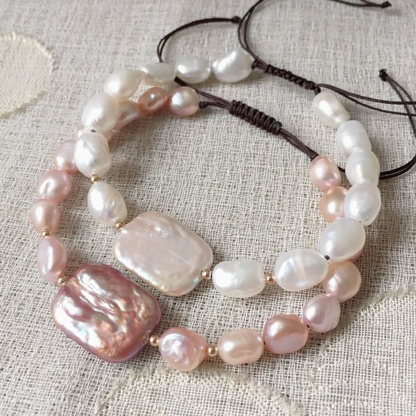 

natural freshwater pearl bracelets rectangle baroque pearl charm reiki healing real pearls beaded strand bracelets for women, Golden;silver