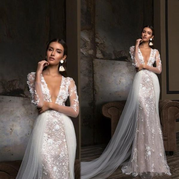 

berta deep v neck mermaid wedding dresses sheer long sleeve lace appliques bridal gown detachable tulle train vestido de novia, White