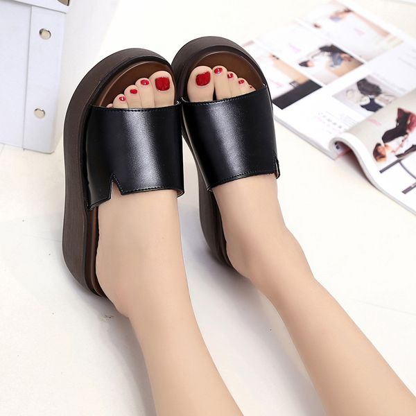 

casual women open toe platform flats summer slippers ladies thick sole outdoor slides classice beach flip flops, Black