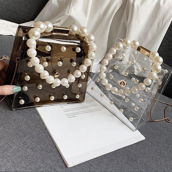 

new style women transparent pvc clear pearl handbag fashion shoulder bag tote purse messenger crossbody summer beach bag
