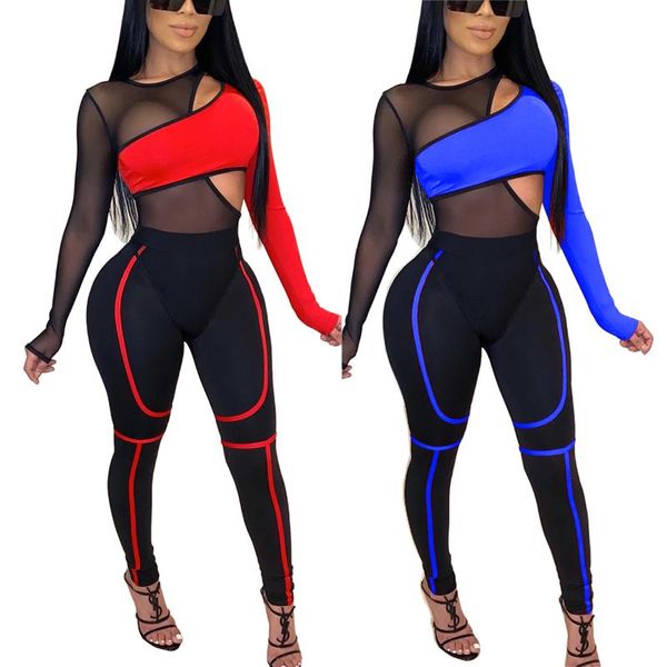 

women's tracksuits fashion women outfit set long sleeve mesh patchwork bodysuit and pants sets plus size womens two piece 2021 clothing, Gray