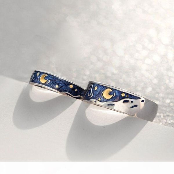 

s925 van gogh starry sky open lover rings band romantic couple jewelry ring, Silver