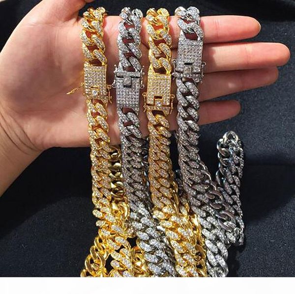 

12mm 18k gold plating diamond miami cuban link chain necklace hip hop bling bling jewelry trendy fashion whosales, Silver