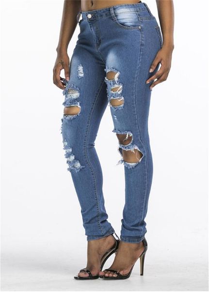 

fashion women's skinny jeans stretch distressed ripped holes denim jeans pants leggings straight leg blue trousers fashion clothing ly8, White