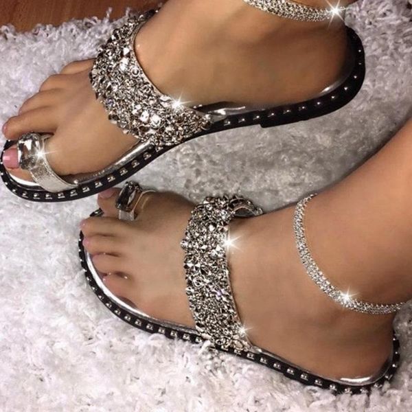 

summer sequins slippers women flip flops crystal rhinestones flat slides open toe casual ladies shoes zapatos de mujer sandalias, Black
