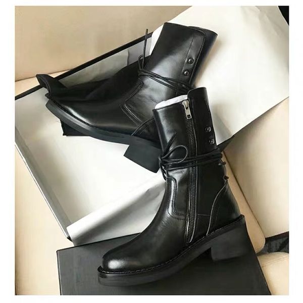 

boots female british wind autumn and winter new straps women's boots leather motorcycle thick with short, Black