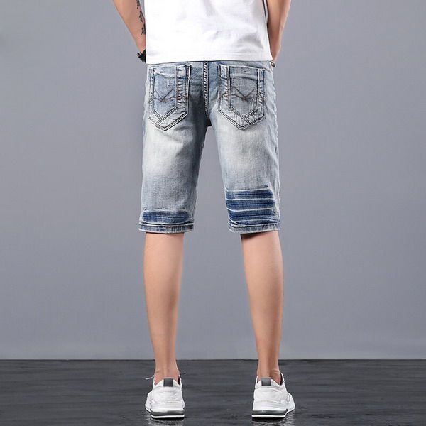 

mens denim shorts classical cartoon eagle pattern men's jeans fashion straight stylist pants knee length slim casual quality, Blue