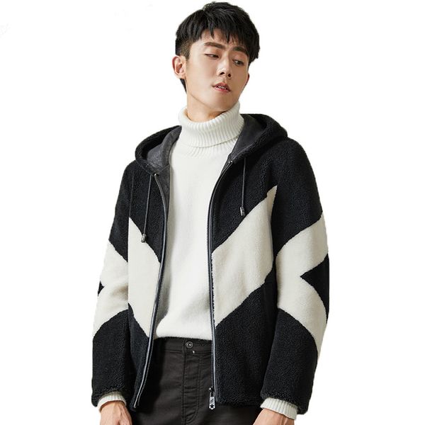 

men's leather & faux autumn winter jacket men sheep shearing short real fur coat slim hooded wool jackets jaqueta masculina kj1517, Black