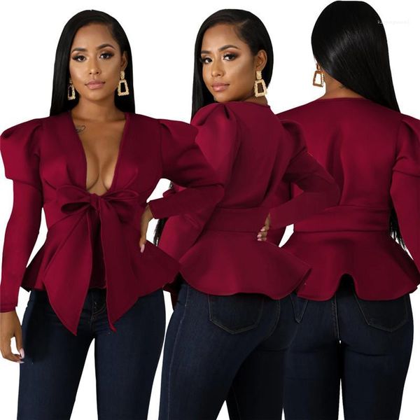 

coats women designer jackets solid color autumn slim ruffles hem puff long sleeved dark v-neck jackets womens fashion, Black;brown