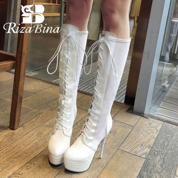 

rizabina plus size 34-46 women knee high boots high heels summer platform boots cross strap nightclub shoes women, Black