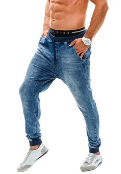 

jeans male european and american thread waist loose mens jogging pants designer pants new elastic high waist, Blue