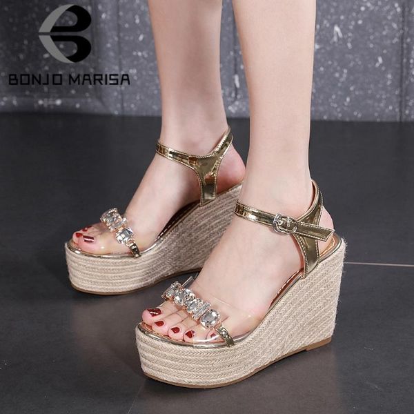 

bonjomarisa girl rhinestone open toe summe platform buckle strap straw heel sandals women wedges brand shoes woman, Black