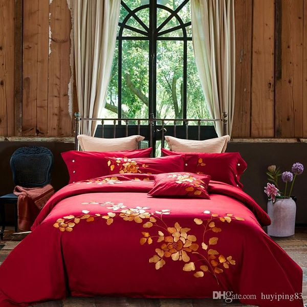

europe style egyptian cotton embroidery bedding set king  size luxury wedding bed set pure red duvet cover bed linen sheet pillowcases
