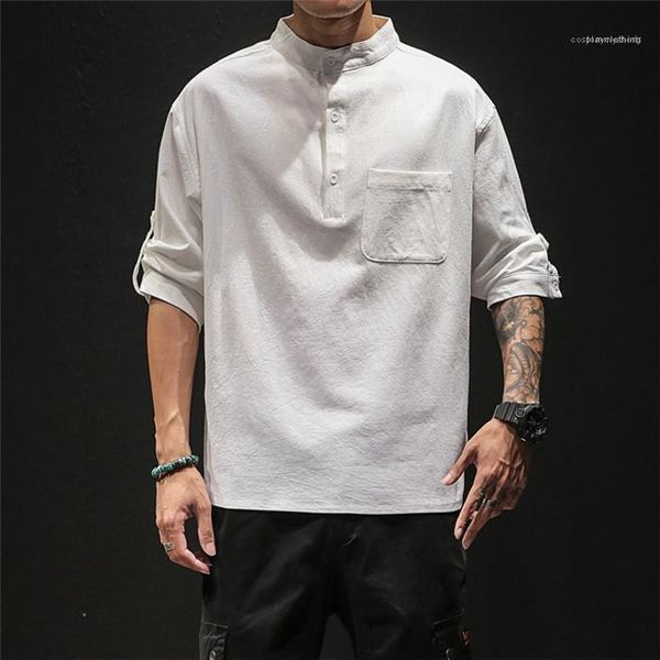 

man summer designer chinese style stand collar pocket shirt men oversize fashion casual clothes mens solid loose button shirts, White;black