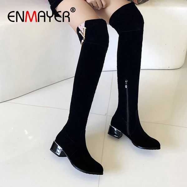 

enmayer 2020 замша faux тонкий сапоги basic round toe platform boots flock более-колено площади каблука женщины размер 34-43, Black