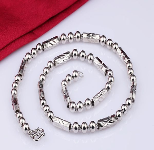 

7mm hexagonal three bead necklace korean retro mens round bead chain (no pendant) mens jewelry, Silver