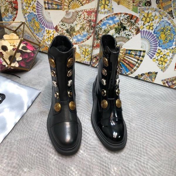 

winter shoes women genuine leather button women boots round toe low heels mid calf boots zapatos de mujer, Black