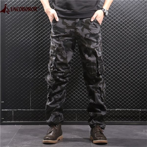 

camouflage cargo pants men multi pocket cotton military camo pants army track trousers male streetwear overalls pantalon homme, Black