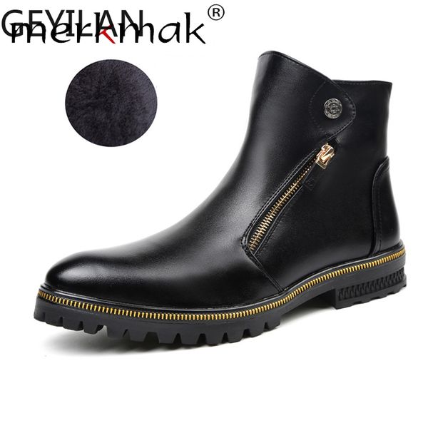 

winter men boots zipper soft casual leather mens boots male comfortable footwear warm plush shoes man ankle flat, Black