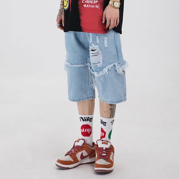 

men's shorts high street hole frayed jeans loose straight tassel denim harajuku hip hop five-point pants men and women, White;black