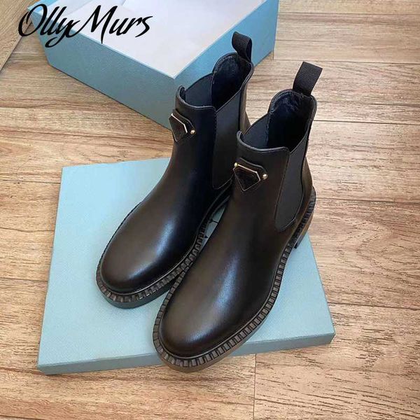 

prowow new genuine leather thick heels ankle boots winter autumn round toe brogue shoes combat boots women zapatos mujer, Black