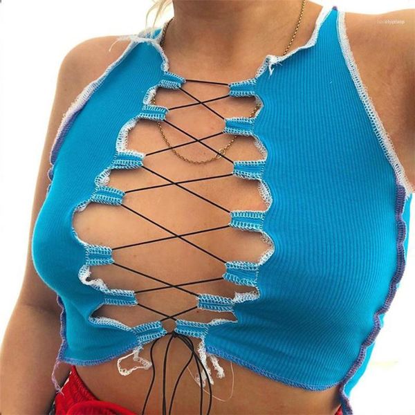

style women tank hollow out lace up sleeveless crop new women summer clothing street, Black;white