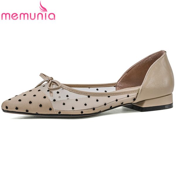 

memunia 2020 mesh+genuine leather shoes ladies pointed toe bowknot spring summer comfortable casual flat shoes women, Black