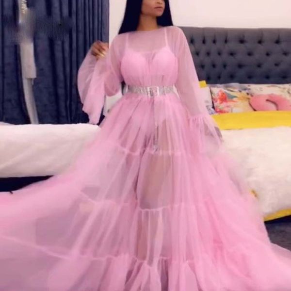 

party dresses pink see thru a-line long prom dress with puffy full sleeves pleated through gowns tulle women, White;black