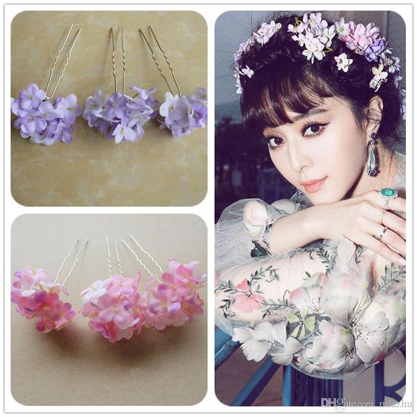 

pin hydrangea silk design bridal fashion flower hair artificial 2016 married hair accessories jewelry stick wedding flower hair fiyrl, Golden;silver
