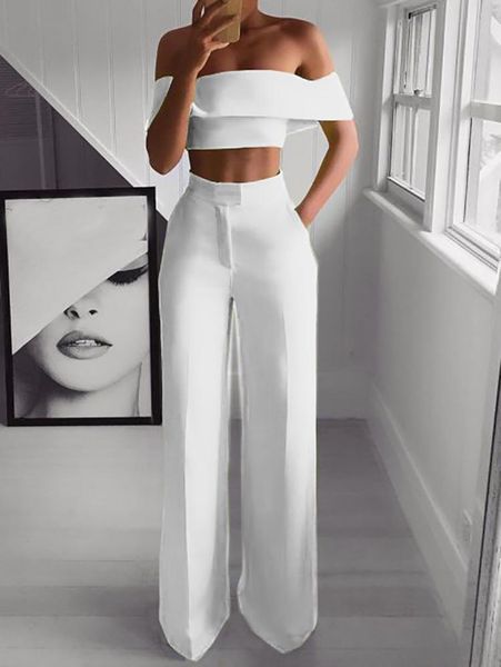 

2 piece set women solid off the shoulder crop and pants fashion female pants set summer women matching, White
