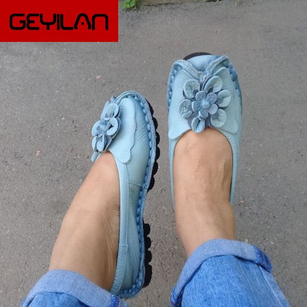 

ethnic women loafers genuine split leather ladies shoes flat heels flower round toe soft solid sandals platform zapatos de mujer, Black