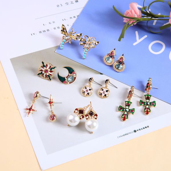 

uer ed01551c sweet red green enamel star moon cross asymmetr small stud earrings for girls women jewelry, Golden;silver