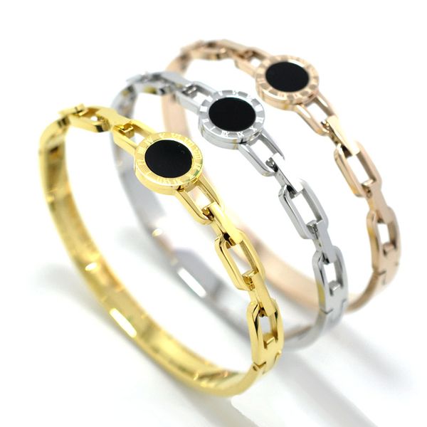 

stainless steel roman numerals chain bracelets & bangles for women classic hollow round pulseira fashion jewelry, Black