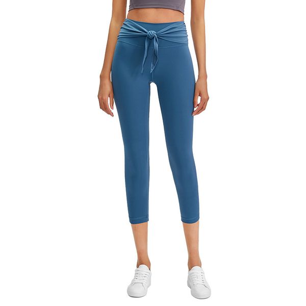 

lu yoga leggings solid color strap front indoor sports cropped pants women skin-friendly nude stretch slim fit capris running workout pants, White;red