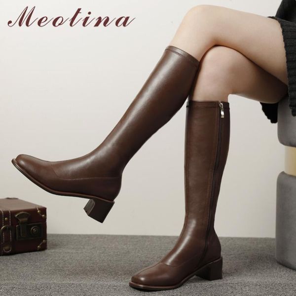 

boots meotina women long shoes zipper high heel knee-high square toe thick heels female autumn winter brown size 40, Black