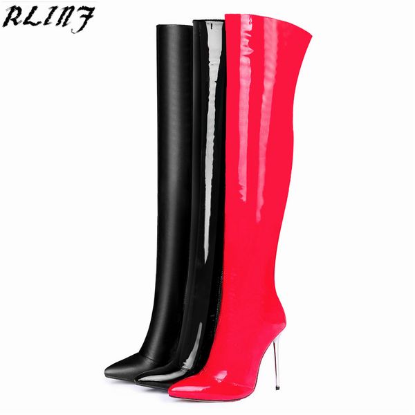 

rlinf women over the knee boots high heel over the knee patent leather women's boots cotton large size, Black