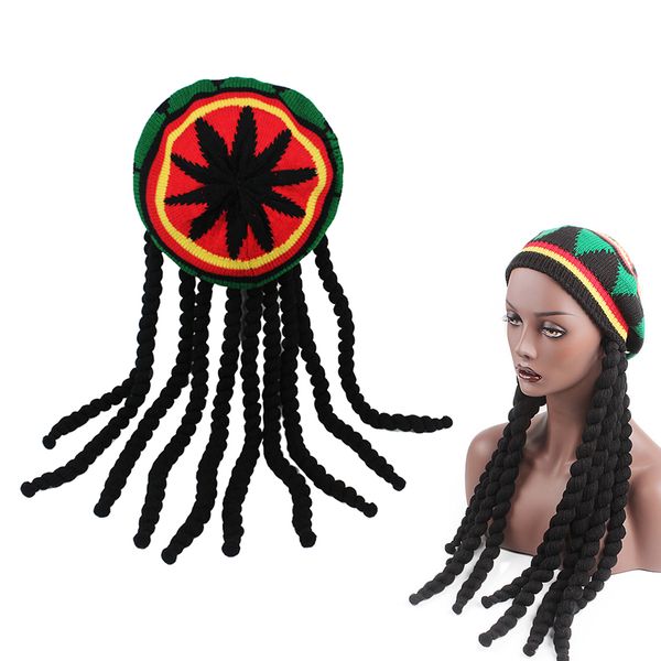 

reggae dreadlocks jamaican knitted beanies wig braid cap rasta hair hat, Black