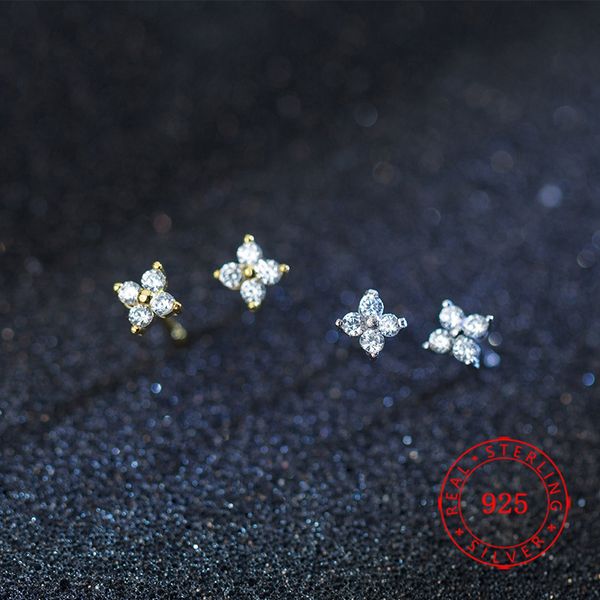 

925 sterling silver cz stone paved tiny flower girl stud earring for silver gold mini stud earring wedding gift, Golden;silver