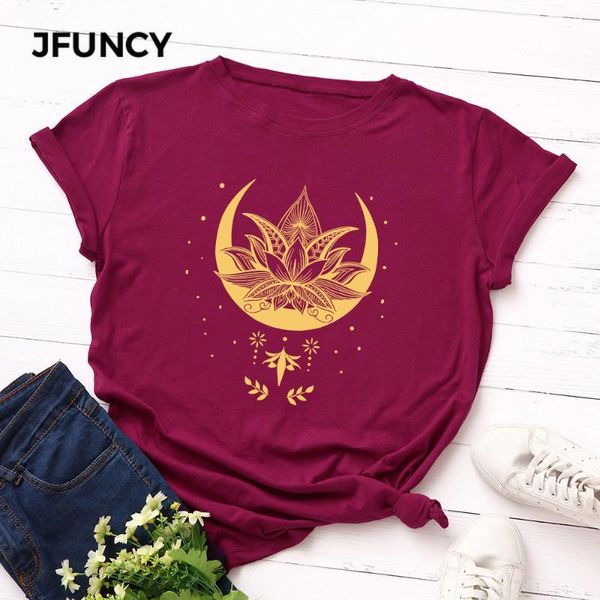 

jfuncy new women t-shirt lotus print summer cotton woman tshirt plus size girl casual basic tees female tshirt, White
