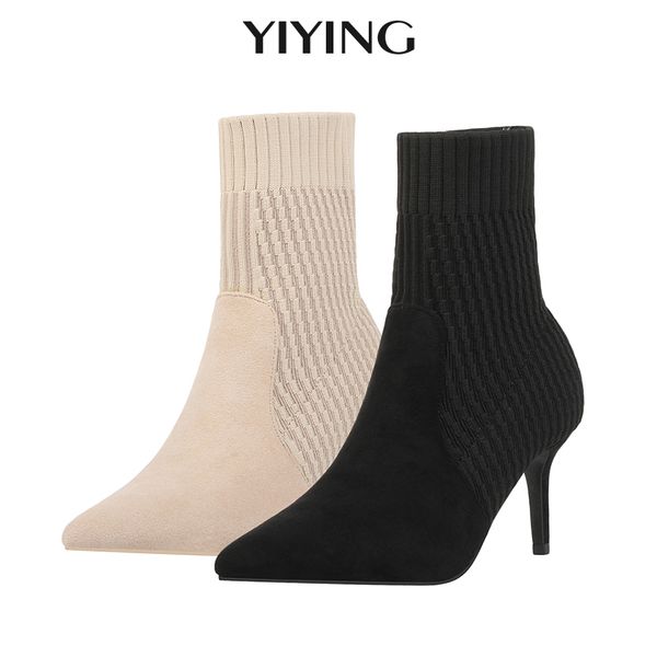 

boots design women elastic fabric socks 2021 fashion pointed toe high heel knited ladies elegant pumps shoes, Black