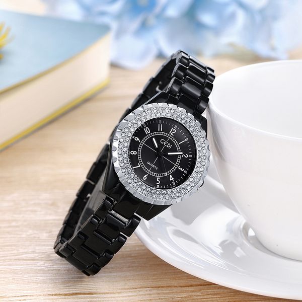 

high-end tiktok popular online couples watch fashion personality ceramic diamond set mens quartz waterproof womens watch, Slivery;brown