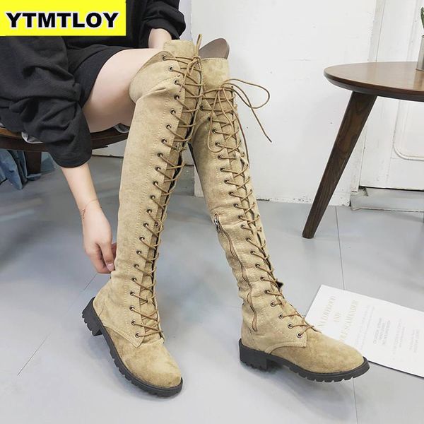 

lace up over knee boots women rome style boots women flats shoes woman suede long botas winter thigh high 35-43, Black