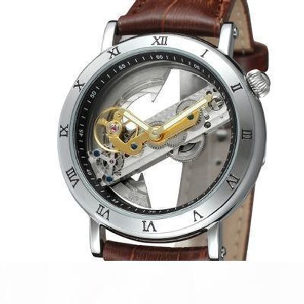 

водонепроницаемый мужчины часы skeleton automatic mechanical self-ветер из нержавеющей стали мужские из натуральной кожи бизнес часы наручны, Slivery;brown