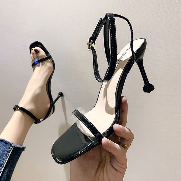 

women sandals pu buckle strap 5cm 8cm thin heels high heels square toe shallow women shoes sandalias mujer 2020 size 35-42 black
