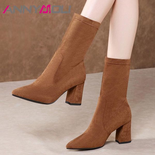 

annymoli high heel woman boots pointed toe mid calf boots chunky heel lady shoes female autumn winter black large size 43