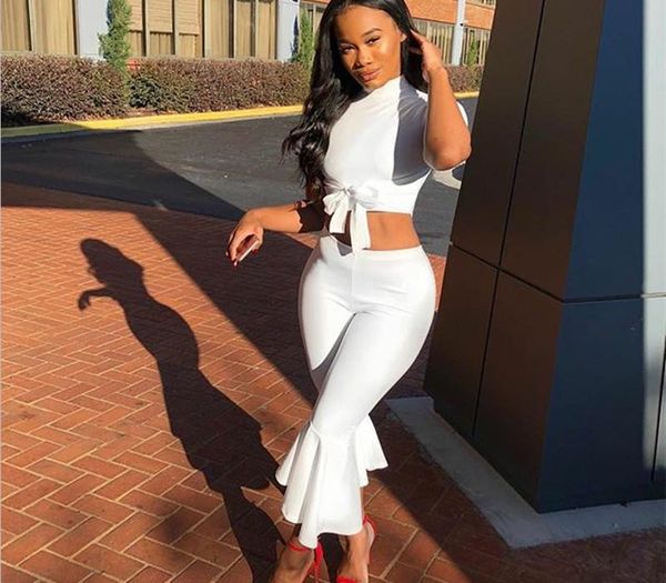 

white two piece set women 2020 summer outfits short sleeve bow tie up and cropped flare pants suit fashion women sets t200622, Gray
