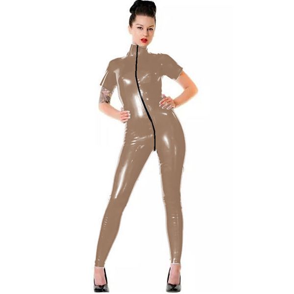 Plus Size High Neck Rubber Short Sleeve Catsuit With Open Crotch Zipper Lady Sexy PVC Wetlook Jumpsuit Bodycon One Piece Tights