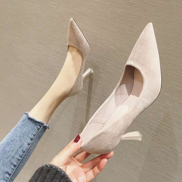 

spring 2020 new large size women's high heels cat heel fine heel suede matte shoes black beige professional shoes