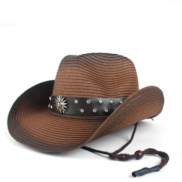 

women men hollow western cowboy hat lady dad summer straw sombrero hombre beach cowgirl jazz sun hat with wind rope size 56-58cm, Blue;gray