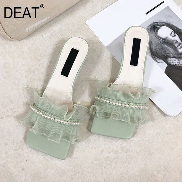 

deat] 2020 new spring summer square toe shallow ruffles string pearls high heels slippers women shoes fashion tide 10i347, Black
